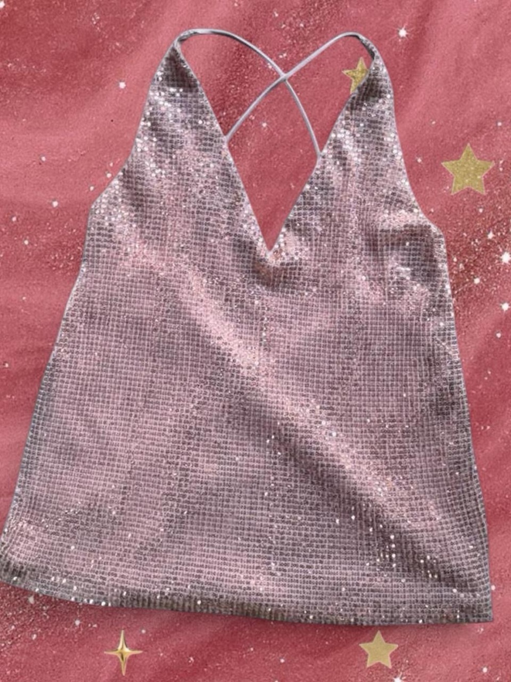 Express Pink Sequin V-Neck Crisscross Cami